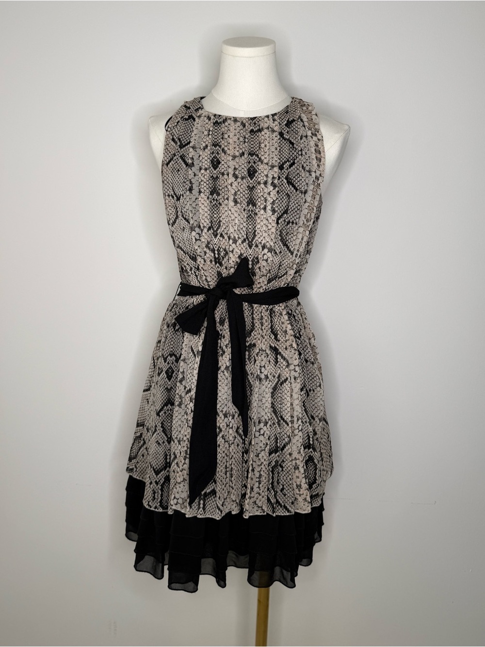 Jessica Simpson Beige and Black Snake-Print Midi Dress with Black Tie